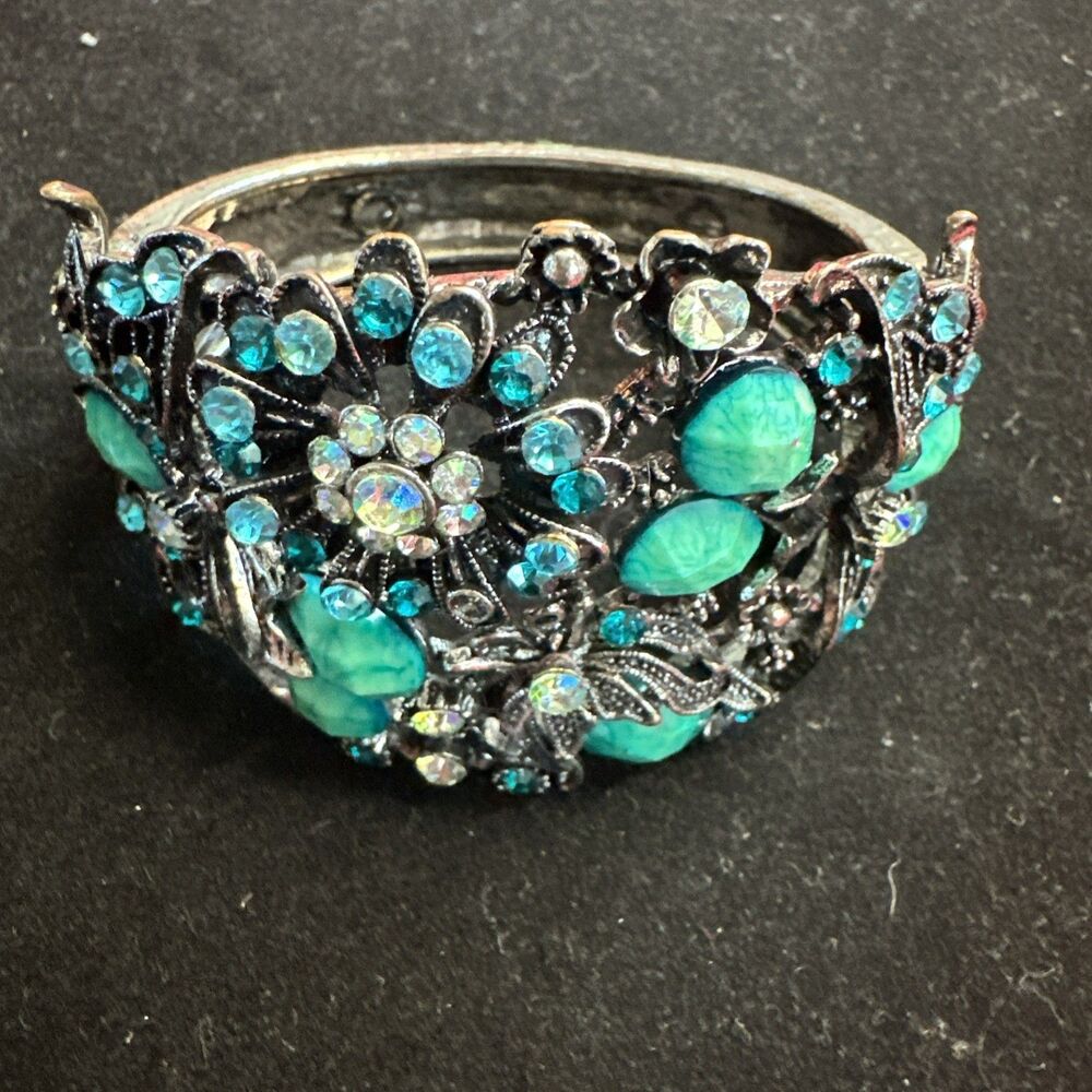 Statement Wide Clamper Cuff Bracelet ~ Green Rhinestone Flowers Butterfly